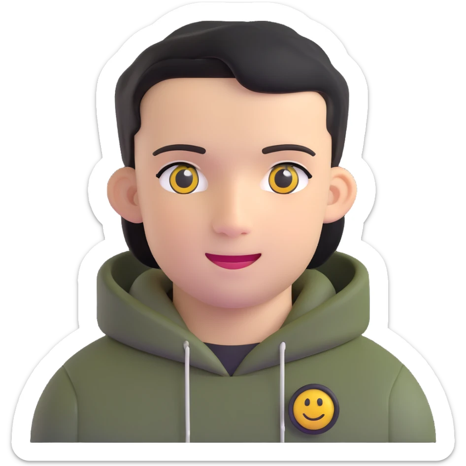 man with black military haircut, brown eyes, wearing 2 circle earrings and a black hoodie with a smiley face sticker