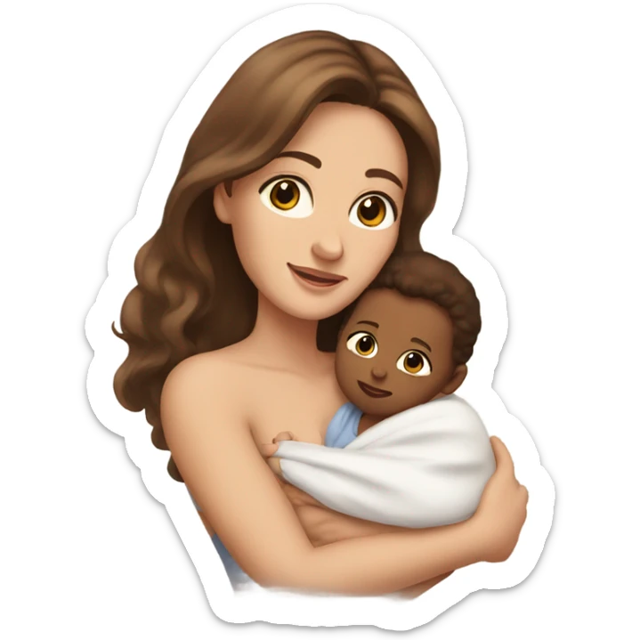 woman with hazel eyes, long eyelashes and long brown hair holding newborn baby in arms sticker