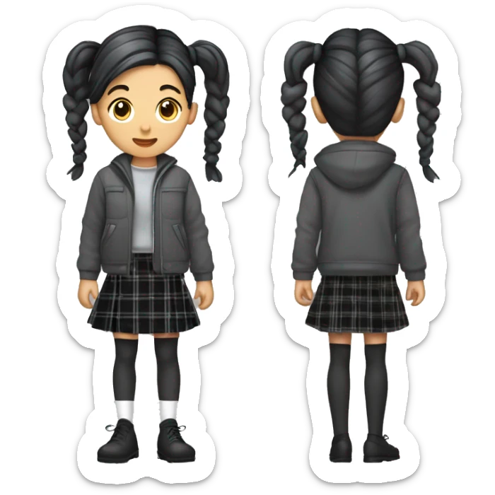 Girl with pigtails with black checkered hair in a charcoal half jacket, gray tartan skirt, gray stockings, white leg warmer and black loafers
 sticker