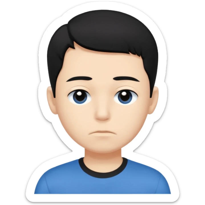 Cute apple emoji-style boy portrait, black hair, blue t-shirt, big black eyes, closed mouth,clean bold lines, flat colors, minimal shading sticker