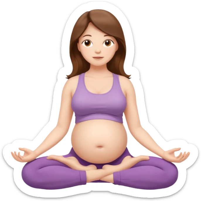 Pregnant woman sitting in a yoga pose with long brown hair and fair skin,." sticker