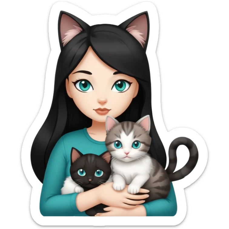 Hot curvy woman, teal eyes, eyelashes, long hair, with super cute kitten, she is white with brown hair, black top, the cat is a brown and grey tabby sticker