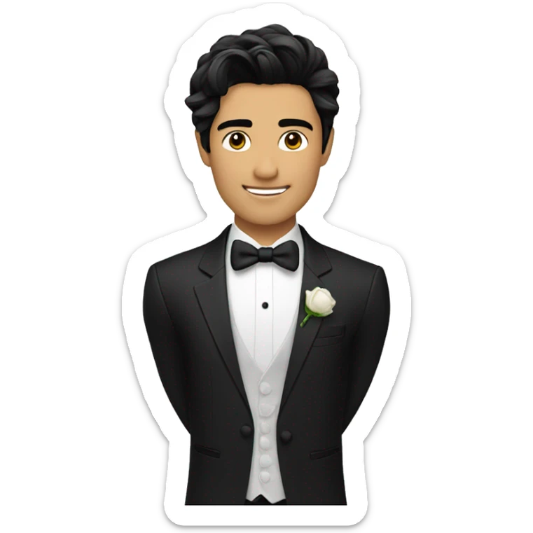 "A handsome Asian groom with messy black hair, wearing a black tuxedo." sticker