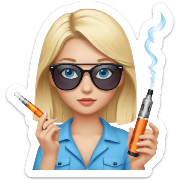 Blonde girl blue eyes a vape in her hand and sunglasses her head sticker