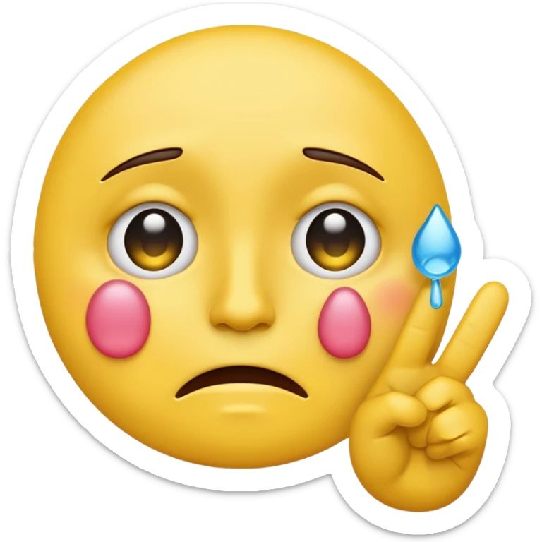 Yellow face emoji with pout with tears in eyes and holding up a peace sign sticker