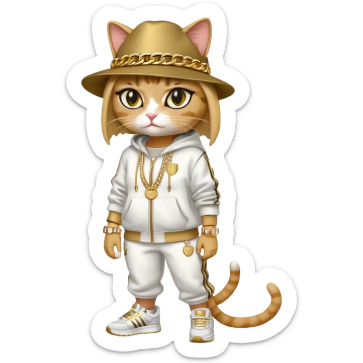 female cat wearing Run DMC hip-hop outfit with tracksuit, fedora, Adidas sneakers, many gold chains, rings, bracelets, flashy earrings, eyes averted, talking to a friend, no sunglasses sticker