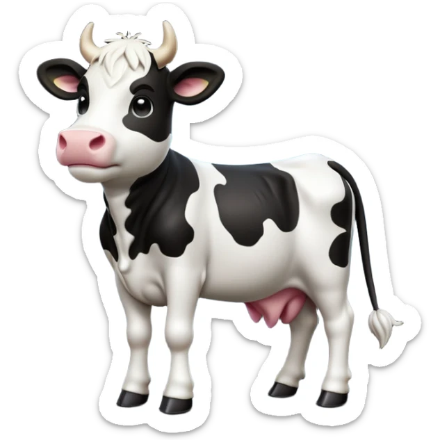 cinematic-[cow]-realistic-full-body-standing-emoji,-tail-flicking-lazily,-head-tilted-dramatically,-sleek-[black and white]-fur,-simplified-yet-realistic-focused-features,-highly-detailed,-glowing-with-an-almost-sarcastic-glow sticker