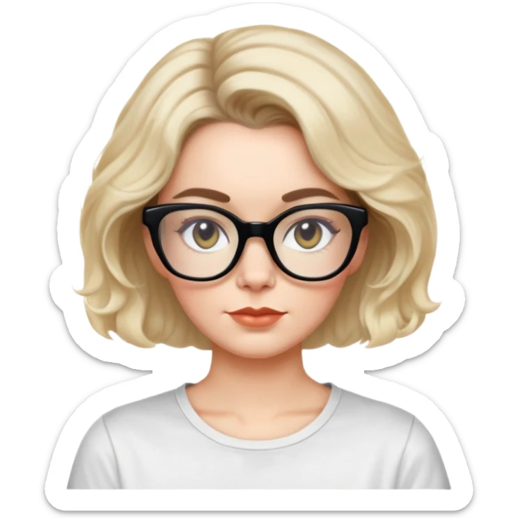 white woman about 50 years old with light warm skin, wide face, black wavy neck-length 80s short hair, low volume, neutral expression, large black shiny butterfly or cat-eye glasses, white casual t-shirt sticker
