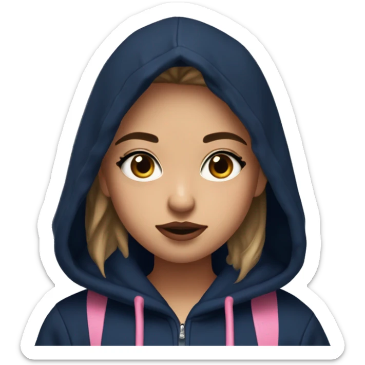 A giner girl with lashes ans brown eyes confused and wearing a navy blue hoddie with light skin and pink lips and she has a parooy on her shoulders sticker