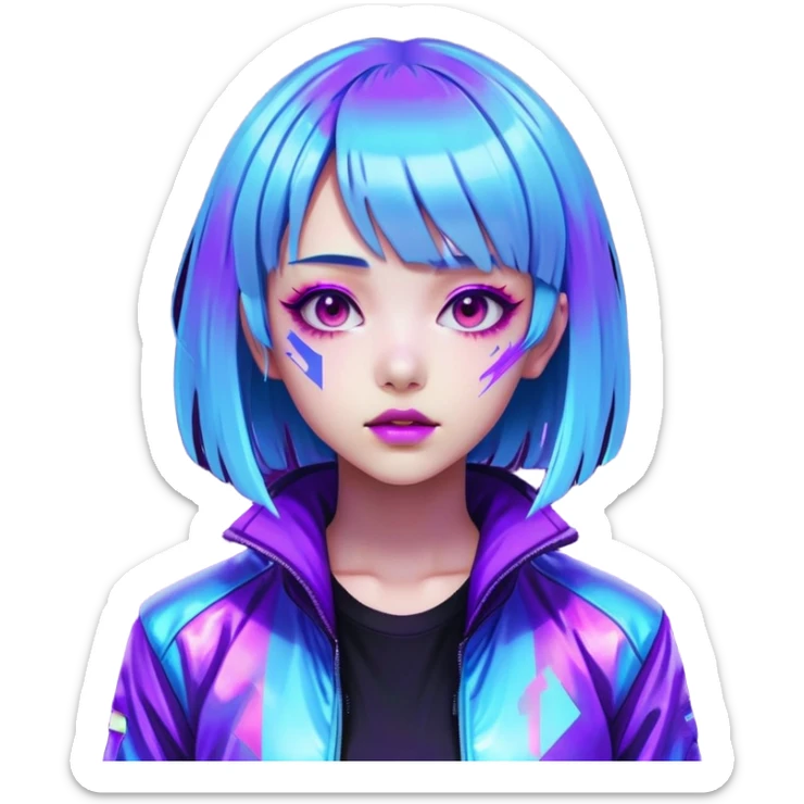 Cyberpunk Japanese girl with neon blue wig, holographic jacket, digital glitches effect, dark background with purple glow, iOS app icon style sticker