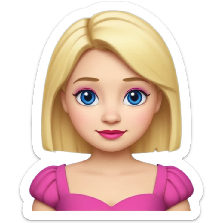 "Create an emoji-style character of Doris from Shrek — the tall barmaid with short blonde hair, bold makeup (blue eyeshadow, red lipstick), and a pink dress. Make her look confident and friendly, with a cartoonish round face and expressive emoji-like features. sticker