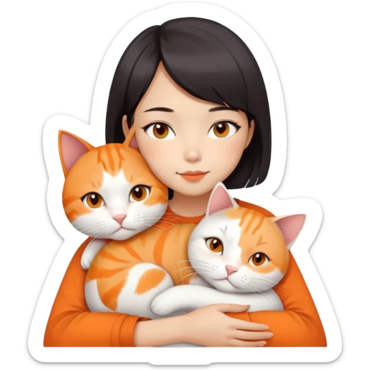 Oriental Asian girl with short bob haircut snuggling with an orange and white cat, cat is mostly white with orange patches, the girl is holding the cat lovingly sticker