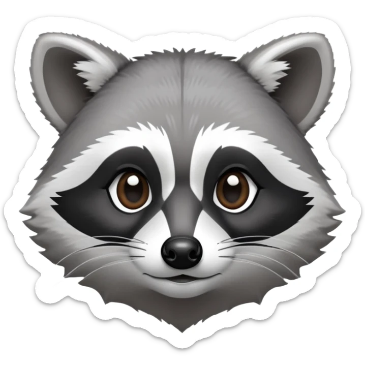 Cinematic-Noble-Raccoon-Portrait-Emoji – Poised and confident, with a sturdy build and a beautifully textured fur of silver-grey accented by dark black facial markings, deep-set, large big black eyes revealing no white, simplified yet sharp and sophisticated zoom out to show shoulders sticker