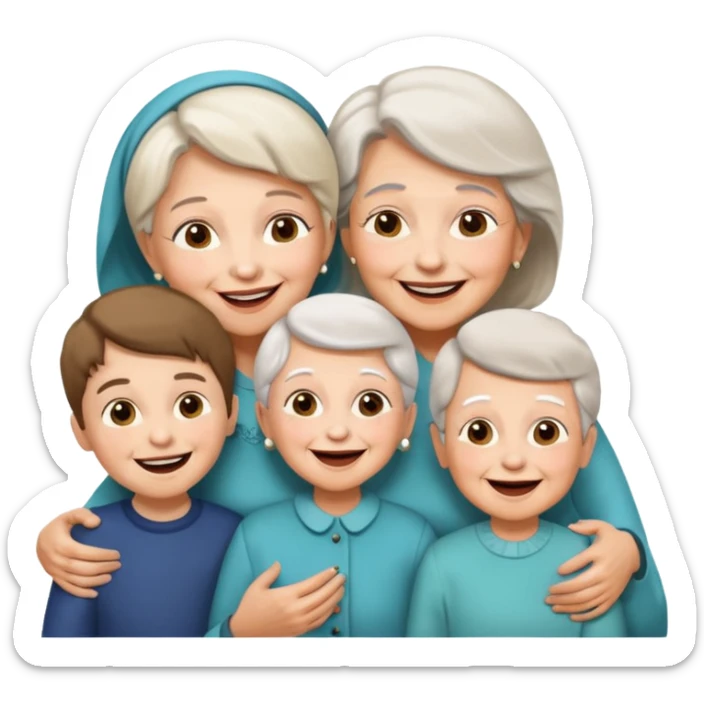 two kids (1 boy and 1 girl) with their mother and grand mother smiling sticker