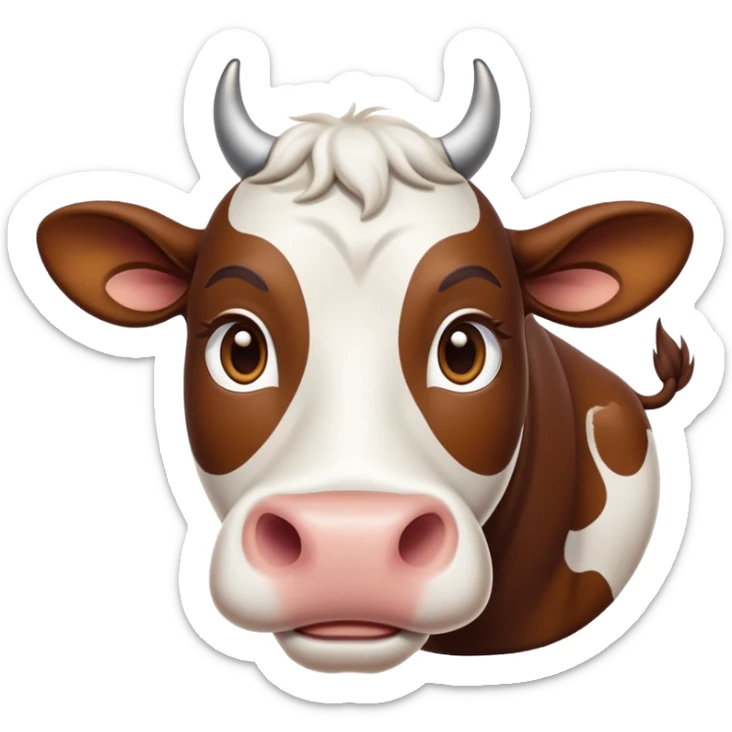 cinematic-noble-brown-and-white-cow-portrait-emoji,-poised-and-regal,-with-a-large,-sturdy-build-and-a-beautifully-patterned-hide-of-rich-brown-accented-by-crisp-white-patches,-deep-set-soulful-brown-eyes,-simplified-yet-sharp-and-sophisticated sticker