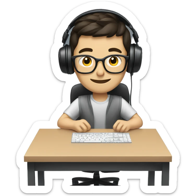 white boy with dark hair and glasses wearing gaming headset and sitting at desk on desktop computer   sticker