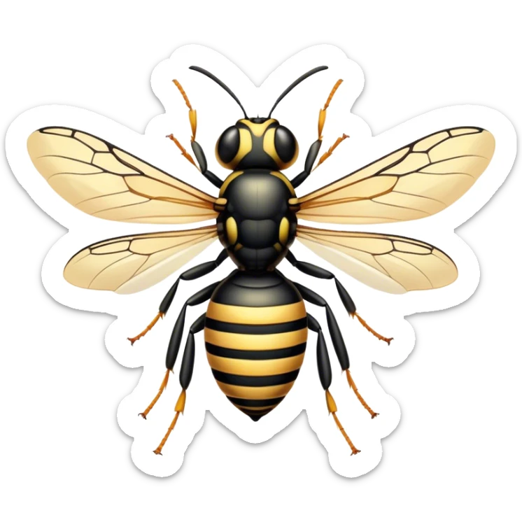 Beautiful and Majestic Wasp Portrait Emoji, Head and body rendered in serene repose with a gentle, confident smile, showcasing a refined, streamlined form with delicately patterned stripes and softly closed, focused eyes, Simplified yet exquisitely endearing features, highly detailed, glowing with a soft, drowsy radiance, high shine, relaxed and utterly noble, stylized with an air of regal insect elegance, soft glowing outline, capturing the essence of a beautiful and majestic wasp that embodies the refined power of nature! sticker