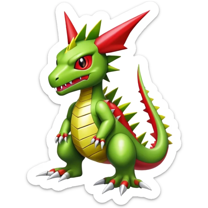 Cool edgy cute shiny futuristic Guilmon-Flygon-Tyranitar-Digimon-hybrid-fusion, yellow belly, full body sticker