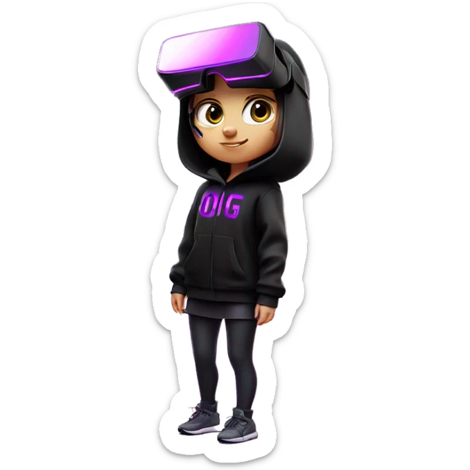 Russian girl wearing black hoody with violet letters "OMG", in vr headset oculus quest2. Standing like jedi. Cyberpunk style. Violet neon. sticker