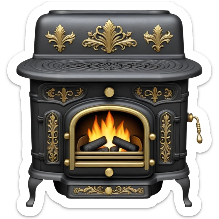An antique cast iron coal stove from the 1900s with ornate details, small fire visible inside, black metal with brass accents sticker