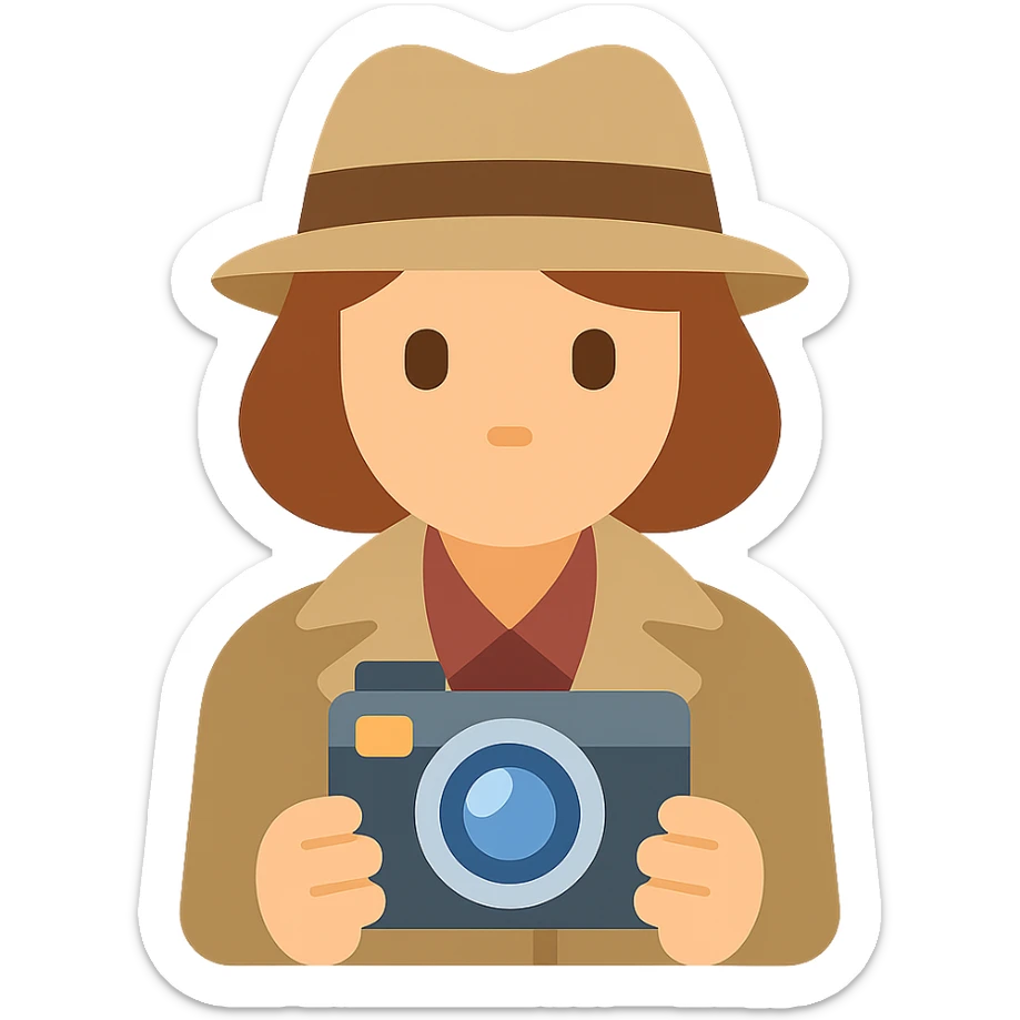 1930s private detective woman with vintage camera, colorful icon, simple and readable sticker
