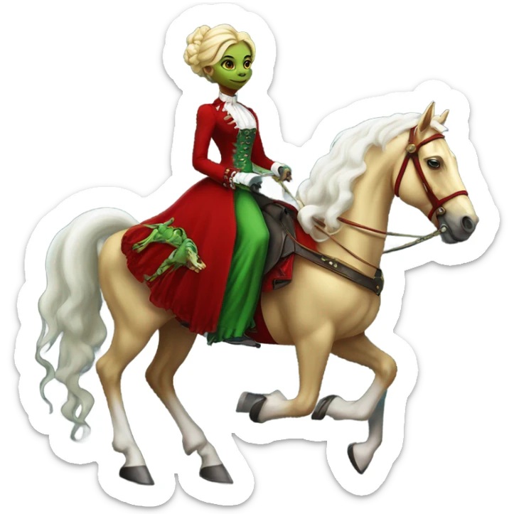 "galora green blonde alien woman" in red Victorian elegant dress, full body, rides horse gold and white
 sticker
