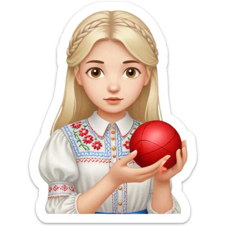 A young Ukrainian girl in a white embroidered shirt holds a ball of thread in her hand sticker