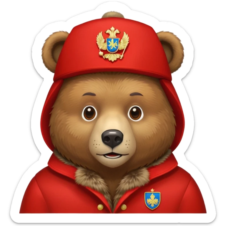 Russian brown bear wearing a red ushanka hat with Russian coat of arms emblem, front view, iOS emoji style sticker
