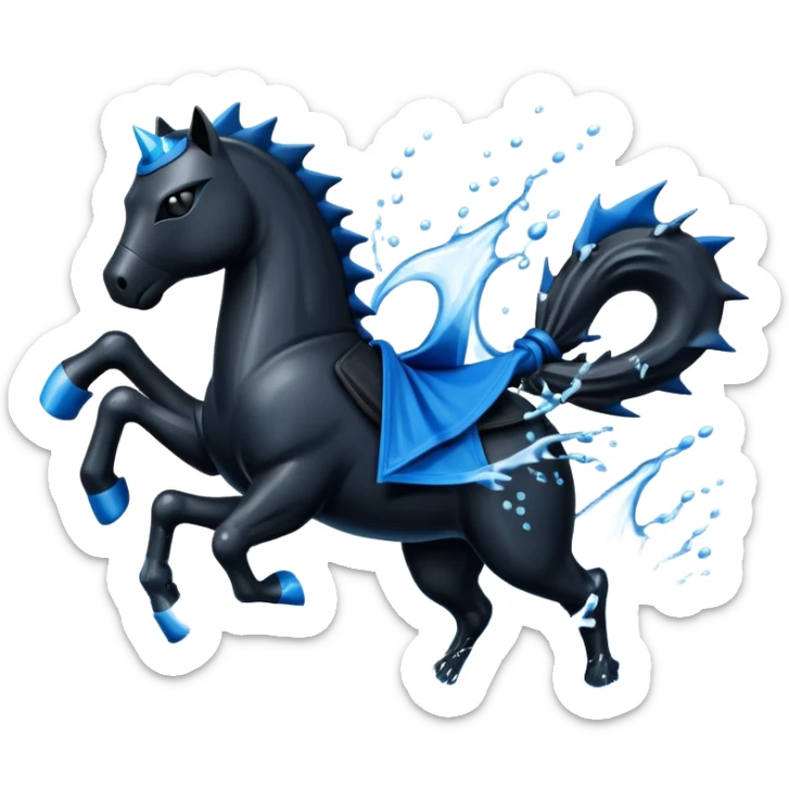 Water horse as a ninja, with a black ninja mask, wielding ninja stars, in water splash sticker