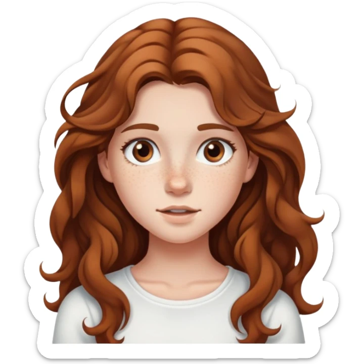 teenage girl with long wavy brown hair, freckles, white top sticker