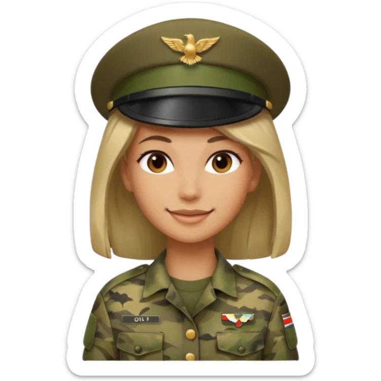 Female soldier emoji in Apple style, no cap/helmet, bust portrait, gentle smile, generic camo, hair visible, soft gradients, transparent PNG sticker