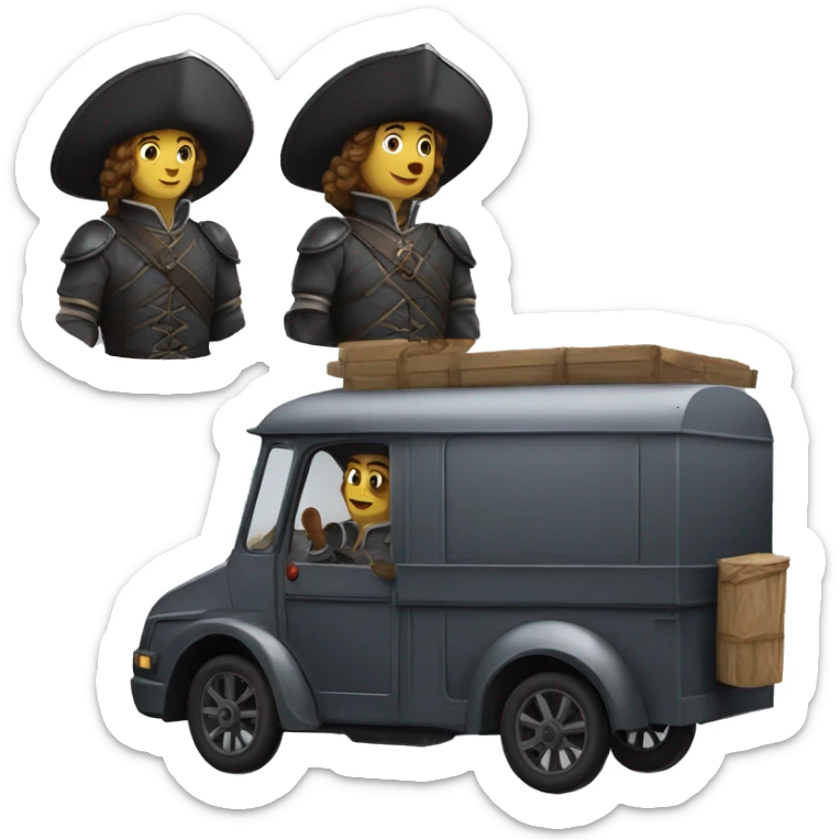 17th century musketeers driving mail truck, 1 male & 2 females sticker