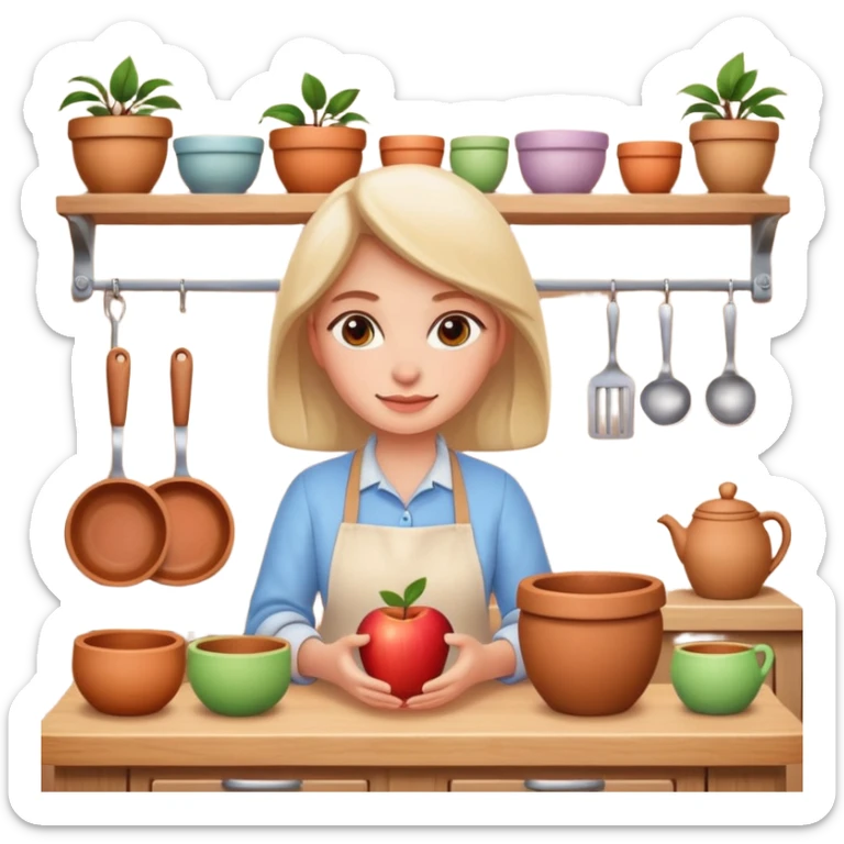 cartoon Apple iOS emoji style woman, pastel colors, Chilean wooden kitchen background, clay pots, warm light, detailed and clean vector art sticker