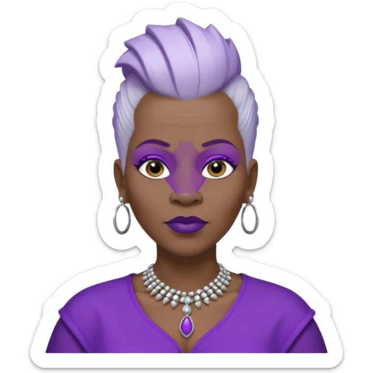 57yr old Qeen black woman with long oval shaped face with a white colored  natural hair mohawk style haircut adorning purple royalty clothing and purle lipstick, with 2 nose studs on each nostril  sticker