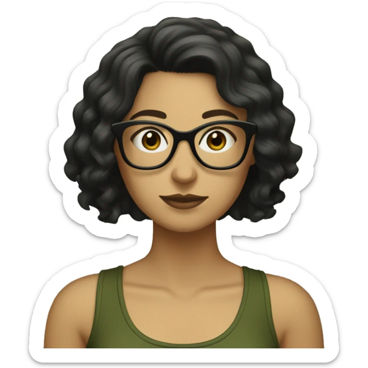 white skined woman with wavy black hair with a olive green tank top with glasses tortoise  sticker