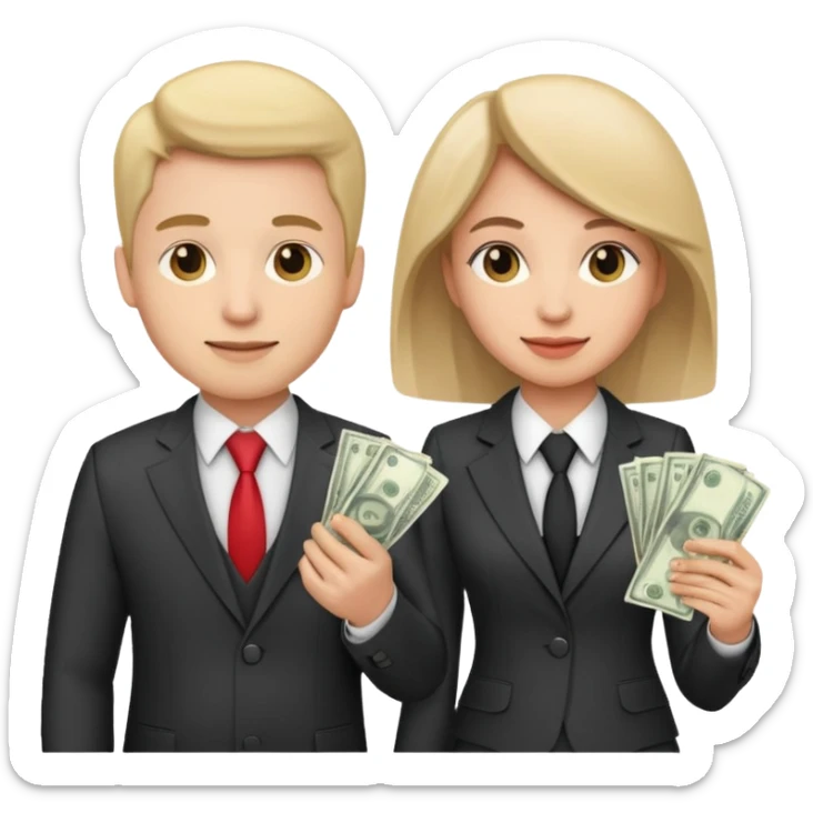 Una pareja (chico y chica de 28 años) vestidos con traje profesional y con dinero sticker