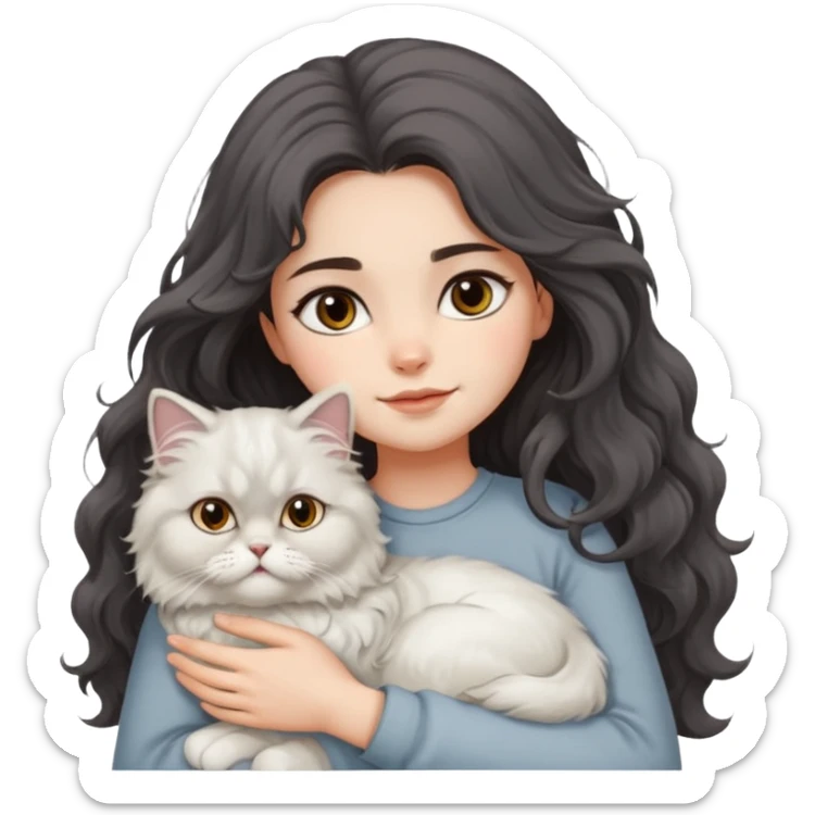 a girl with long dark wavy hair hug a fluffy persian cat with dominant white body and gray on its forehead  sticker