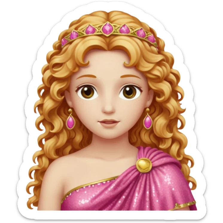 Venus, Goddess of Love from Roman Deities with long strawberry blonde wavy hair, pink sequin toga sticker