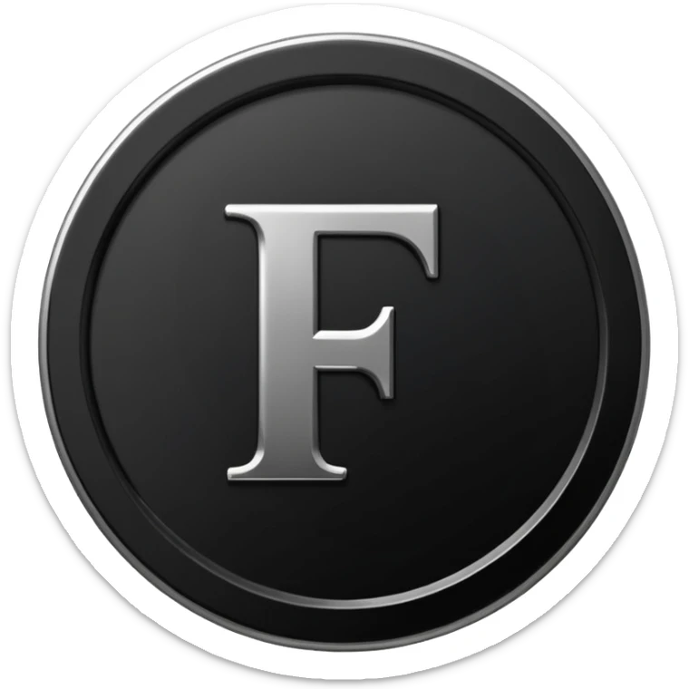 Emoji icon of a black coin with engraved letter F, minimalist style, isolated, only black color sticker