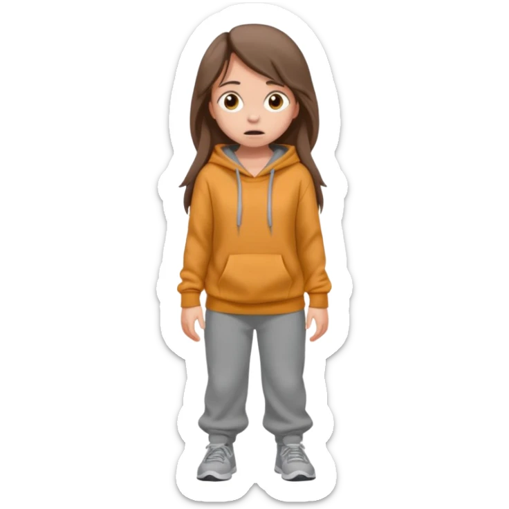Chica grande  asustada de cuerpo completo mirado a la izquierda con pelo castaño largo y piel blanca  pantalones baggy  grises y hoodie gris  sticker