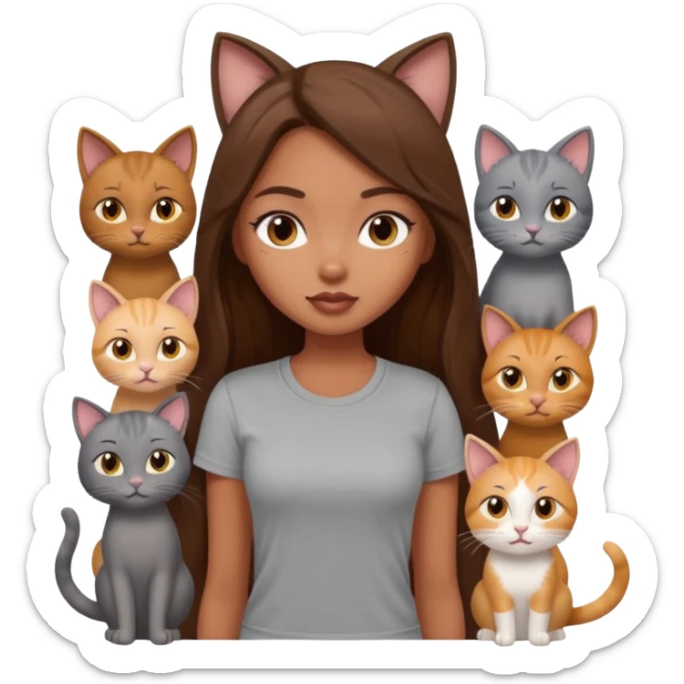 a pretty bratz dusky girl with long brown hair with six cats nd wearing a grey tshirt sticker