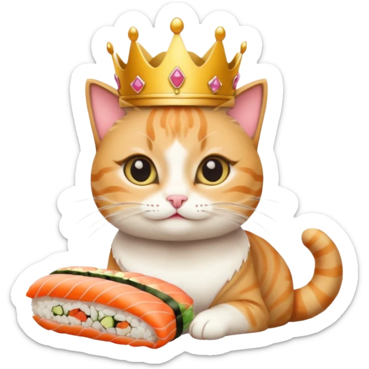 princess cat eating sushi, big eyes, eating sushi roll, simple crown, emoji style sticker