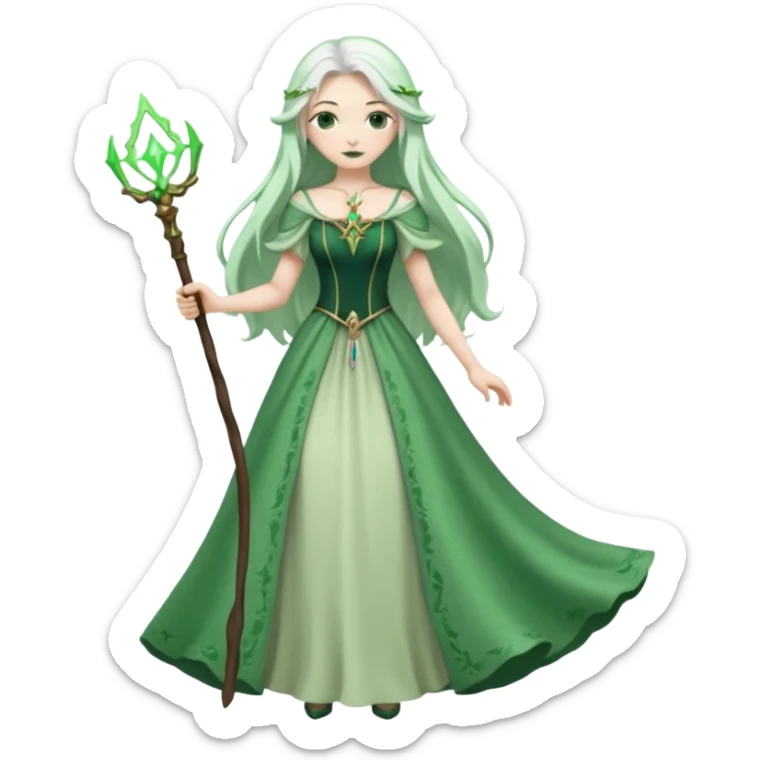 Woman with green skin color with white color long hair and carrying a magic wand sticker