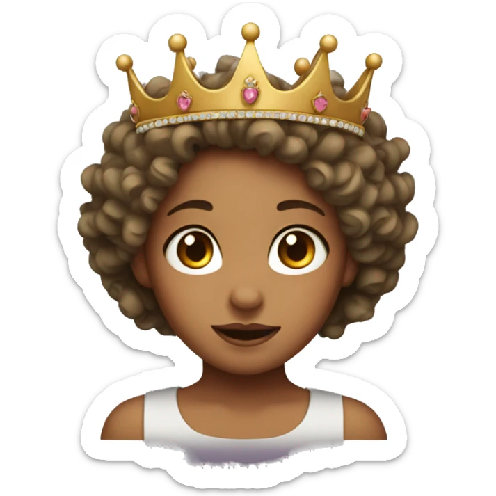 face of a girl with curly hair wearing a crown sticker