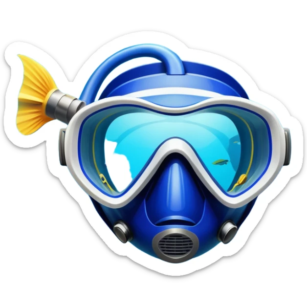 An icon featuring a close-up of a diving mask, snorkel, and fins floating on the surface of vibrant blue water. In the background, coral reefs and tropical fish create a lively underwater scene. Transparent background highlights the beauty and adventure of the diving experience. sticker