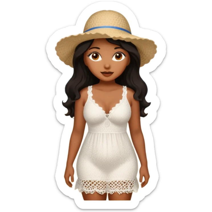 Curvy woman with brown skin with long wavy black hair, brown eyes. She's wearing a white crotchet dress standing on a beach sticker