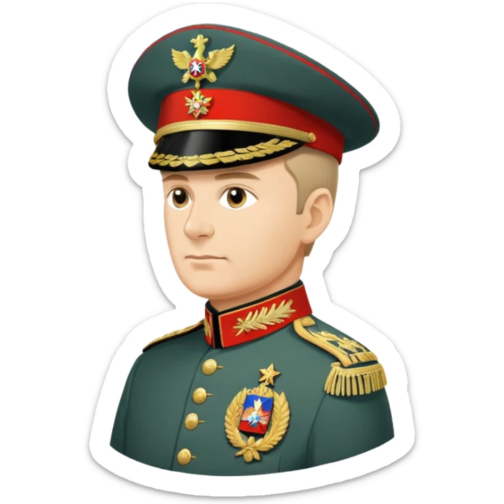 Russian military general in formal uniform with medals and epaulettes, turned slightly to the left, military hat, profile view sticker