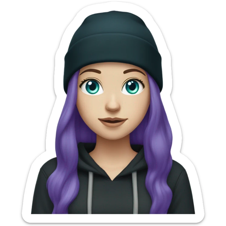 White girl, blue eyes, long teal hair, purple beanie hat, black hoodie, blue jeans, black shoes sticker