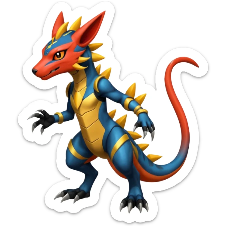 Modern anthropomorphic furry futuristic shiny colorful Zeraora-Salandit-Guilmon-fusion (full body) sticker