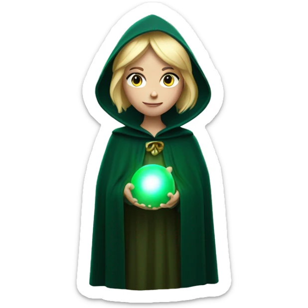 Blonde woman in dark green cloak holding a glowing orb sticker